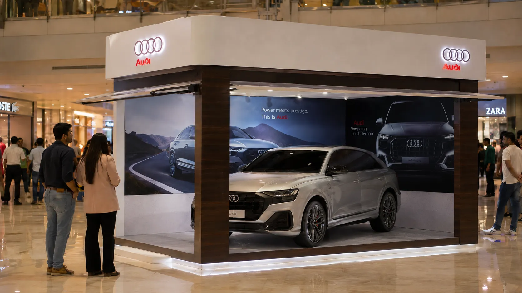 An Audi launch kiosk presenting a vehicle inside a shopping mall.