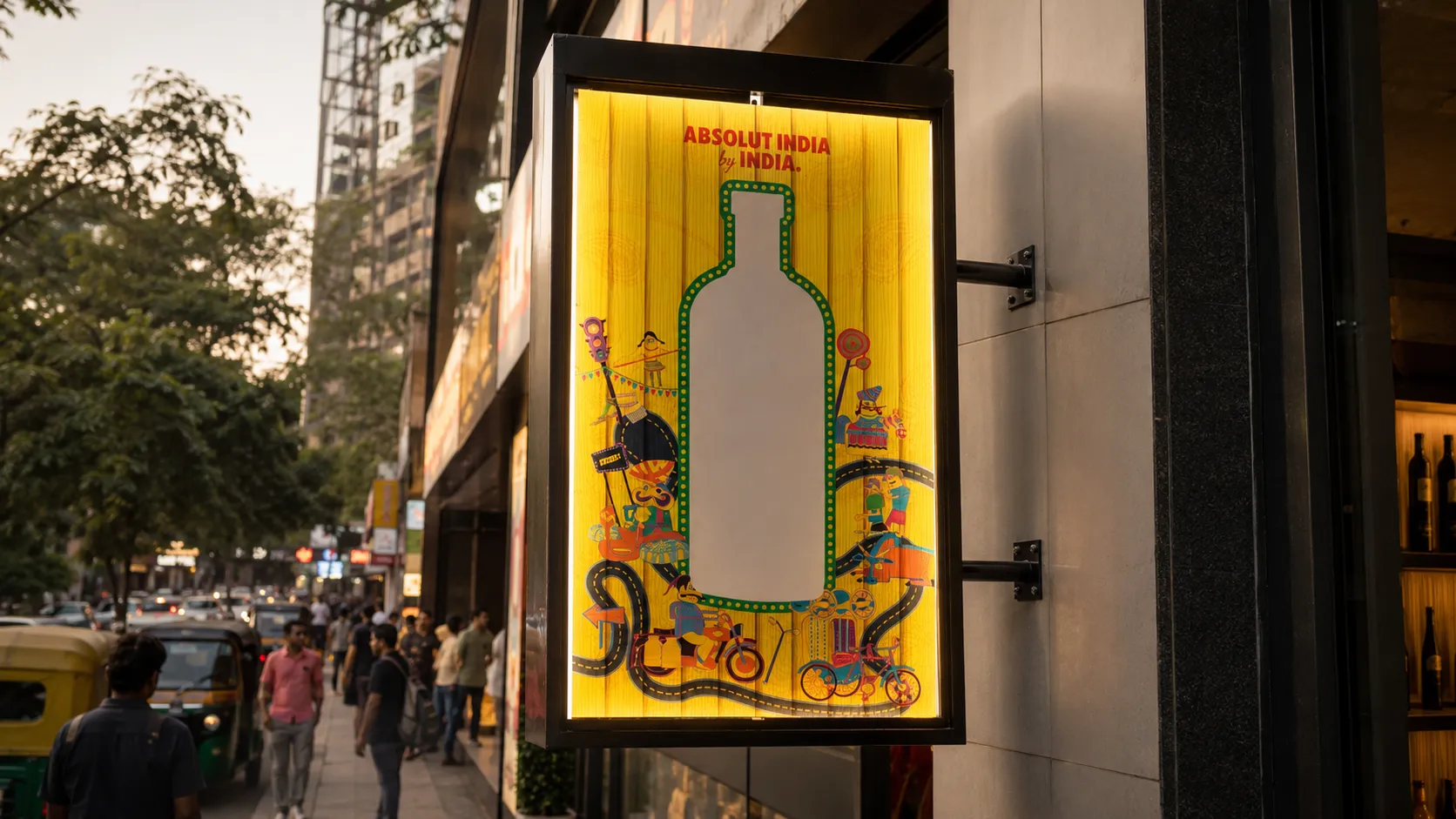 An illuminated two-way rotating sign installed on a busy city street.